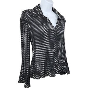 Apostrophe Petite Polka Dot Blouse Sz MP‎ Black White Bell Flare Sleeve Pleated